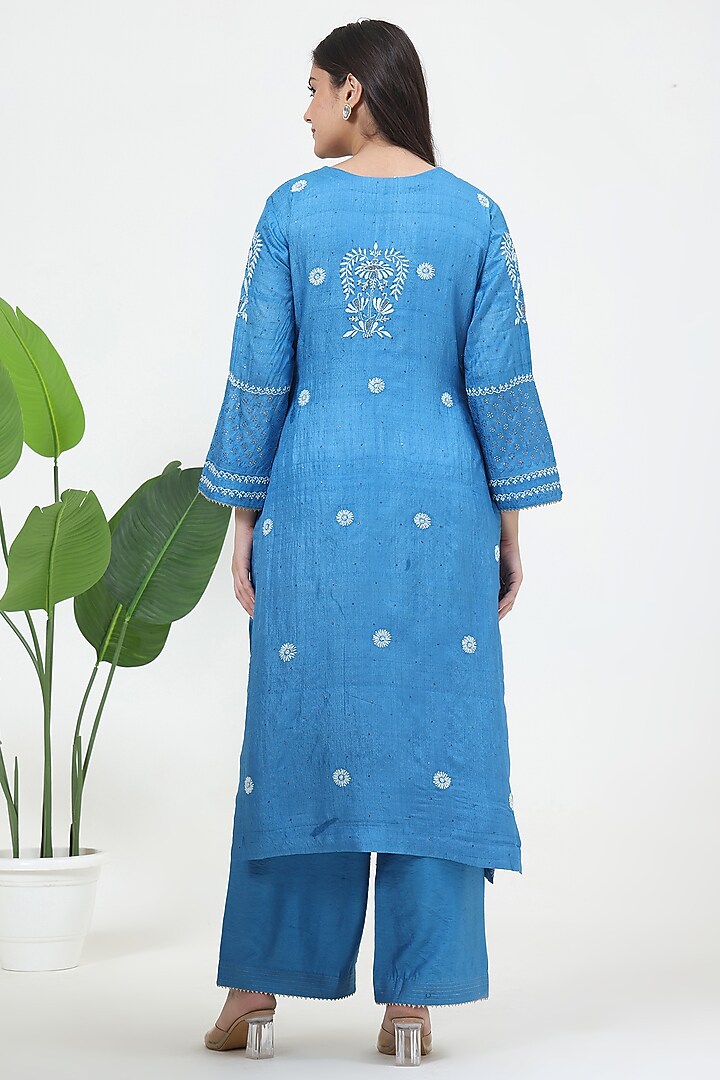 Blue Tussar Silk Mukaish Embroidered Kurta Set by Nyara by Nicky Chawla at Pernia's Pop Up Shop