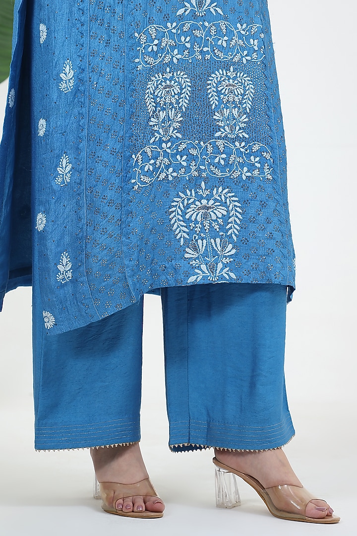 Blue Tussar Silk Mukaish Embroidered Kurta Set by Nyara by Nicky Chawla at Pernia's Pop Up Shop