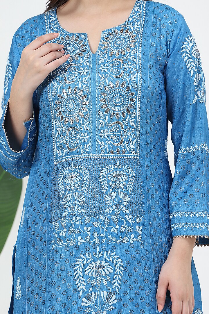 Blue Tussar Silk Mukaish Embroidered Kurta Set by Nyara by Nicky Chawla at Pernia's Pop Up Shop