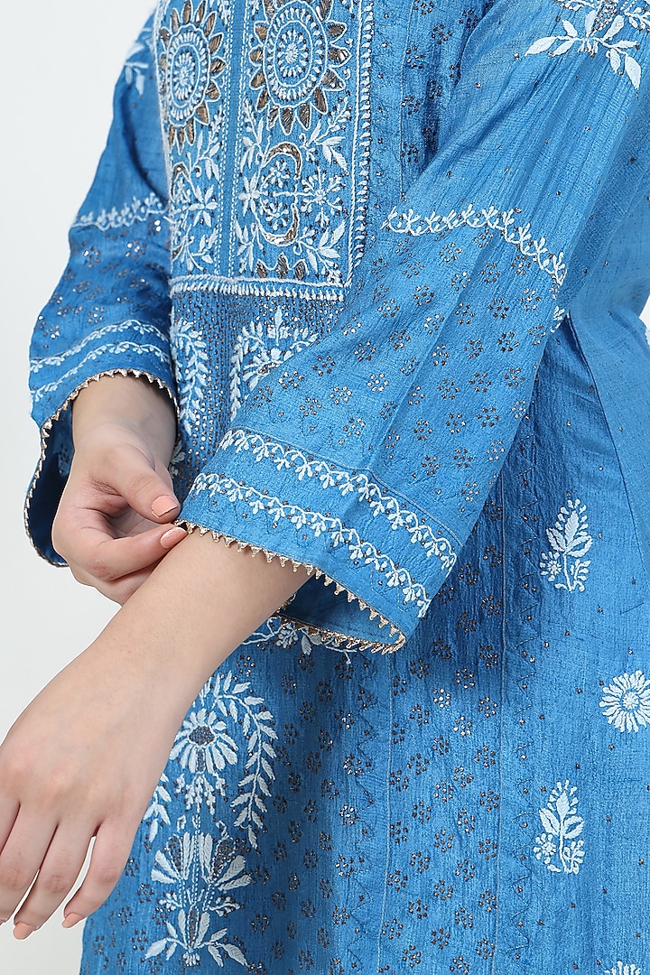 Blue Tussar Silk Mukaish Embroidered Kurta Set by Nyara by Nicky Chawla at Pernia's Pop Up Shop