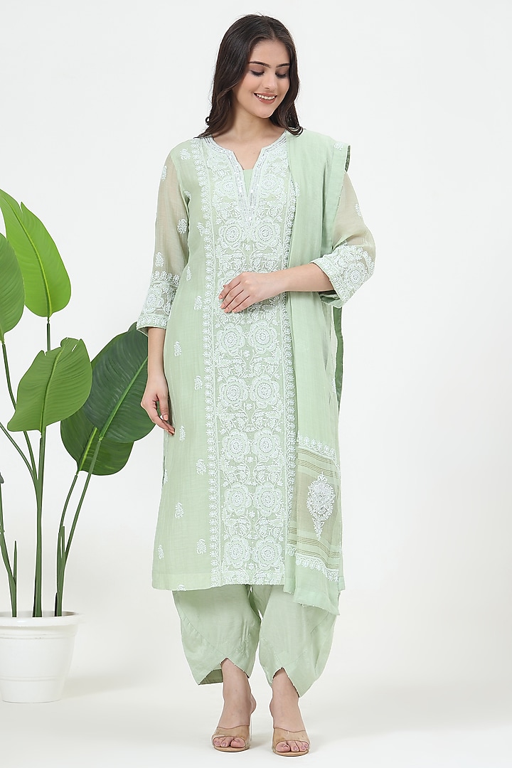 Green Mal Chanderi Chikankari Embroidered Kurta Set by Nyara by Nicky Chawla at Pernia's Pop Up Shop
