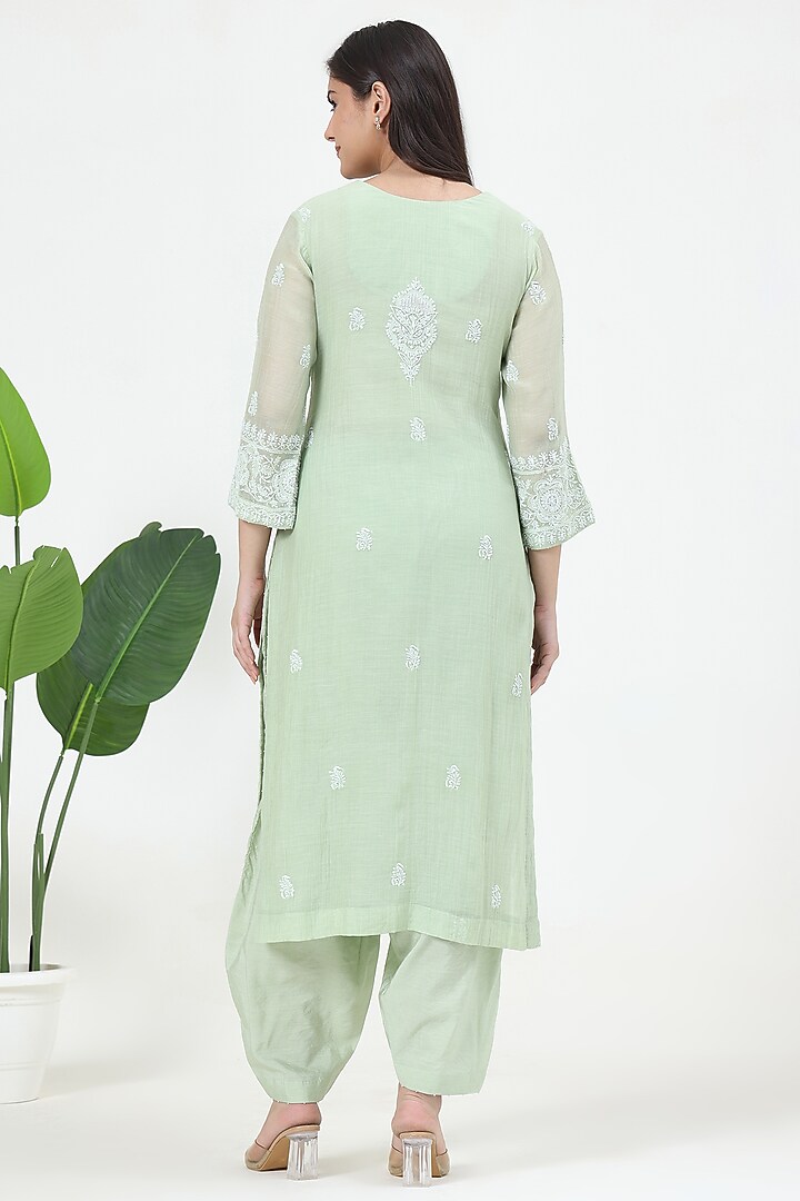 Green Mal Chanderi Chikankari Embroidered Kurta Set by Nyara by Nicky Chawla at Pernia's Pop Up Shop