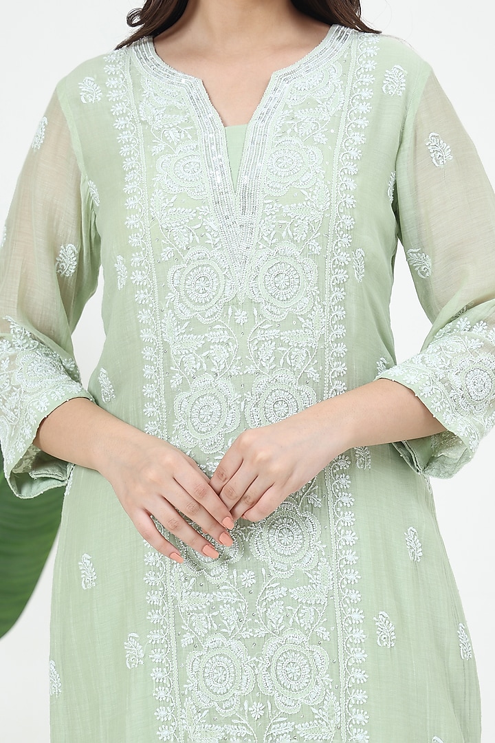 Green Mal Chanderi Chikankari Embroidered Kurta Set by Nyara by Nicky Chawla at Pernia's Pop Up Shop