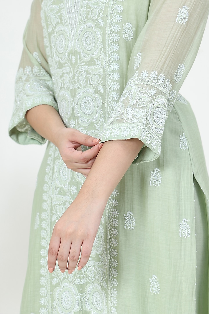 Green Mal Chanderi Chikankari Embroidered Kurta Set by Nyara by Nicky Chawla at Pernia's Pop Up Shop