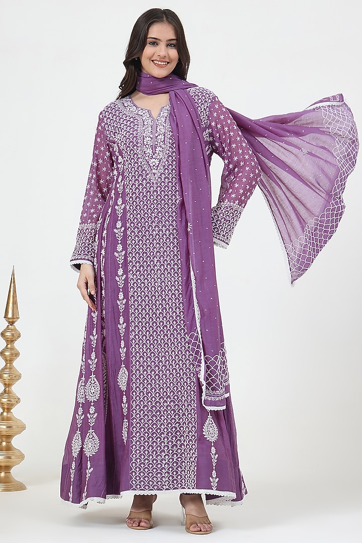 Purple Mal Chanderi Chikankari Embroidered Party Wear Anarkali Set by Nyara by Nicky Chawla at Pernia's Pop Up Shop