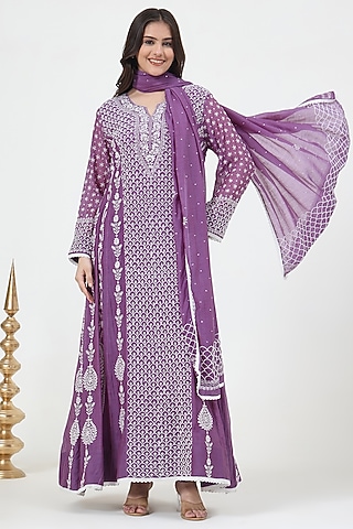 Purple Mal Chanderi Chikankari Embroidered Anarkali Set by Nyara by Nicky Chawla