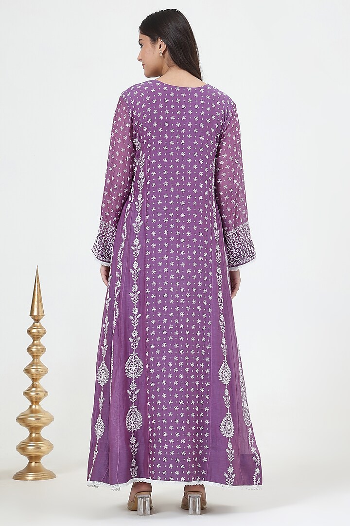 Purple Mal Chanderi Chikankari Embroidered Party Wear Anarkali Set by Nyara by Nicky Chawla at Pernia's Pop Up Shop