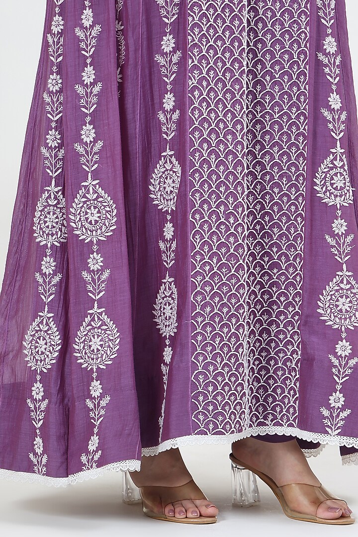 Purple Mal Chanderi Chikankari Embroidered Party Wear Anarkali Set by Nyara by Nicky Chawla at Pernia's Pop Up Shop