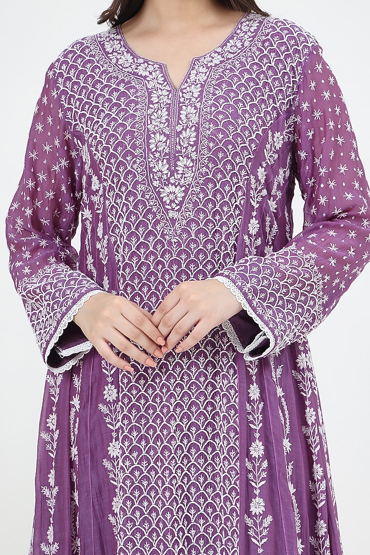 Purple Mal Chanderi Chikankari Embroidered Party Wear Anarkali Set by Nyara by Nicky Chawla at Pernia's Pop Up Shop