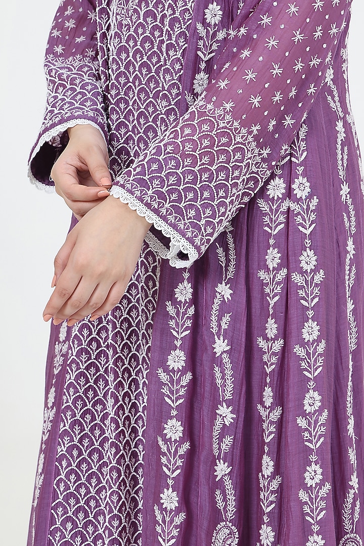 Purple Mal Chanderi Chikankari Embroidered Party Wear Anarkali Set by Nyara by Nicky Chawla at Pernia's Pop Up Shop