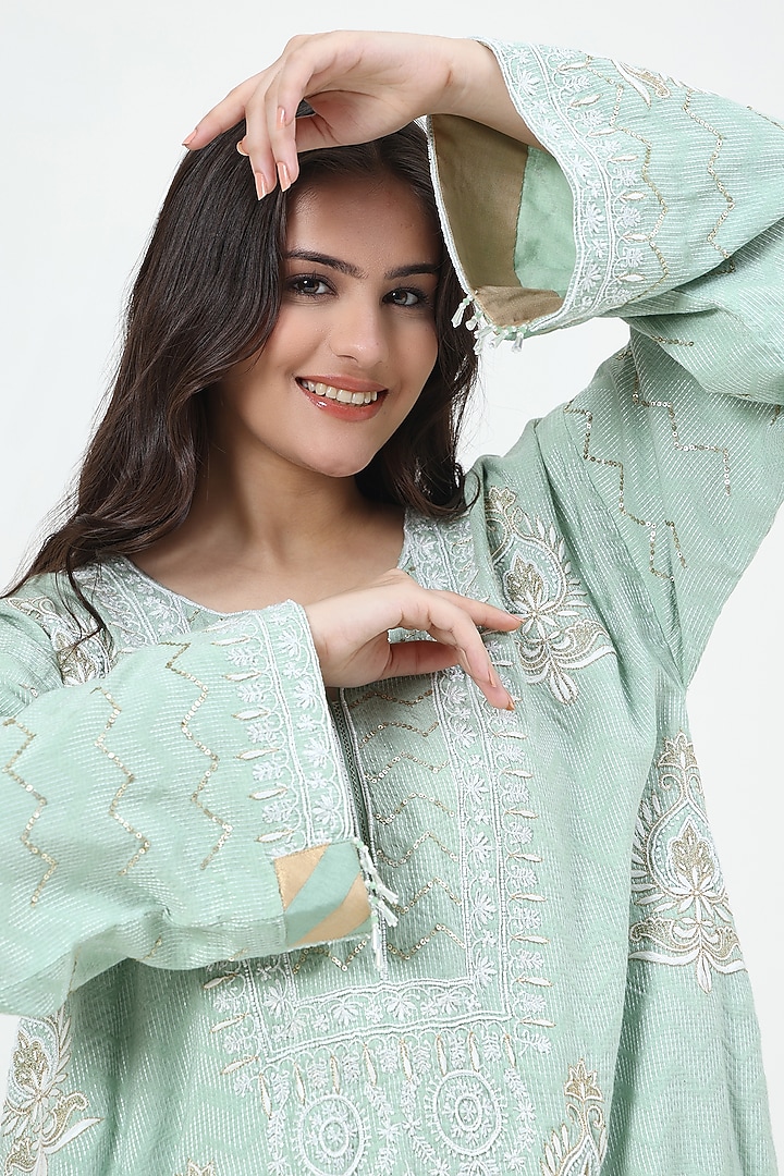 Green Bhagalpuri Silk Chikankari Embroidered Kurta Set by Nyara by Nicky Chawla at Pernia's Pop Up Shop