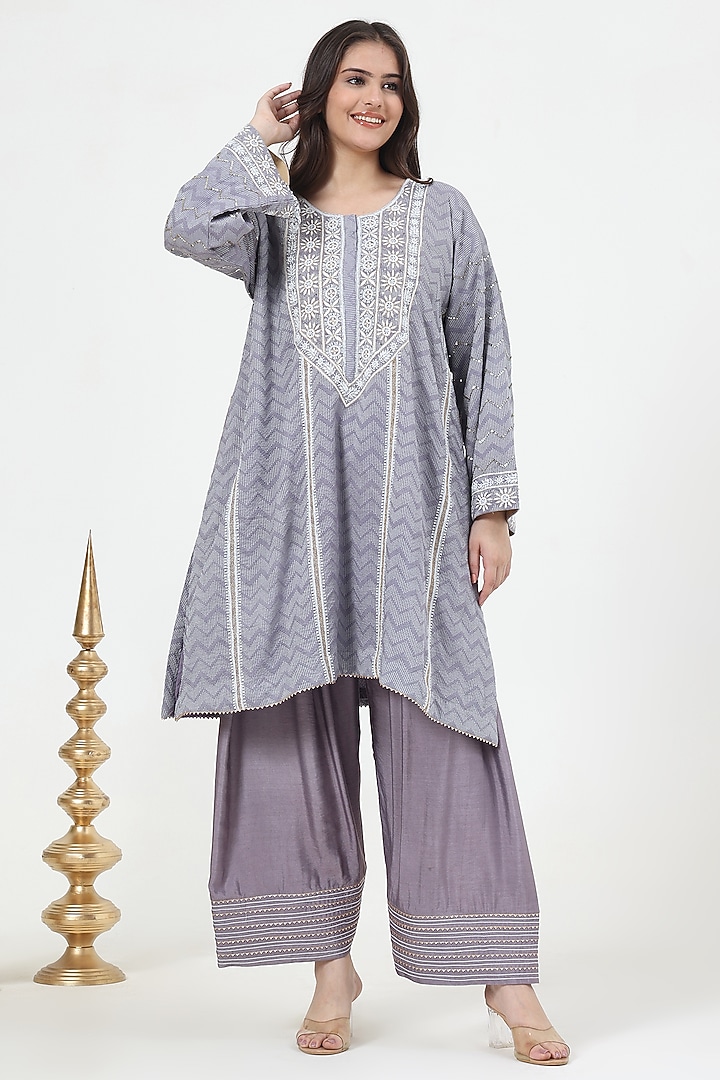 Grey Bhagalpuri Silk Chikankari Embroidered Kurta Set by Nyara by Nicky Chawla at Pernia's Pop Up Shop