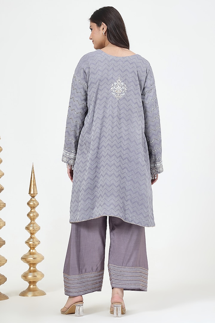 Grey Bhagalpuri Silk Chikankari Embroidered Kurta Set by Nyara by Nicky Chawla at Pernia's Pop Up Shop