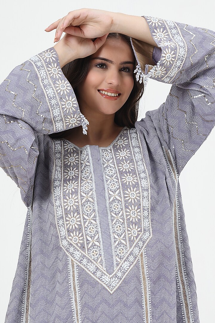 Grey Bhagalpuri Silk Chikankari Embroidered Kurta Set by Nyara by Nicky Chawla at Pernia's Pop Up Shop