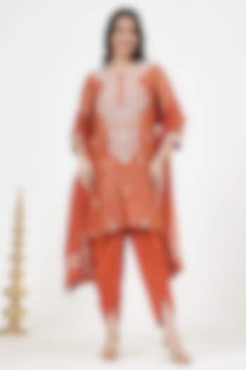 Orange Chanderi Silk Chikankari Embroidered Kurta Set by Nyara by Nicky Chawla at Pernia's Pop Up Shop