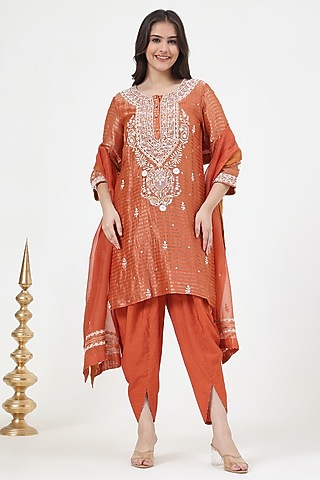 Orange Chanderi Silk Chikankari Embroidered Kurta Set by Nyara by Nicky Chawla