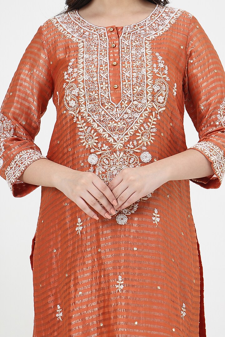 Orange Chanderi Silk Chikankari Embroidered Kurta Set by Nyara by Nicky Chawla at Pernia's Pop Up Shop