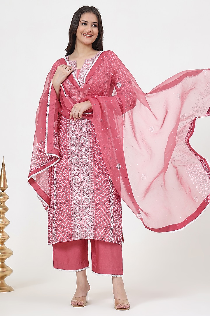 Pink Pure Organza Chikankari Embroidered Kurta Set by Nyara by Nicky Chawla at Pernia's Pop Up Shop