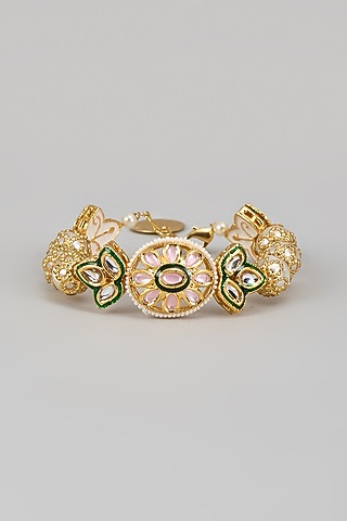 Gold Finish Kundan Polki & Pearl Cuff by Nyela