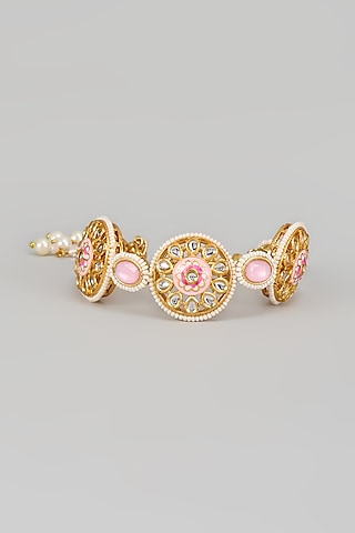 Gold Finish Pink Kundan Polki & Handprinted Meenakari Cuff by Nyela