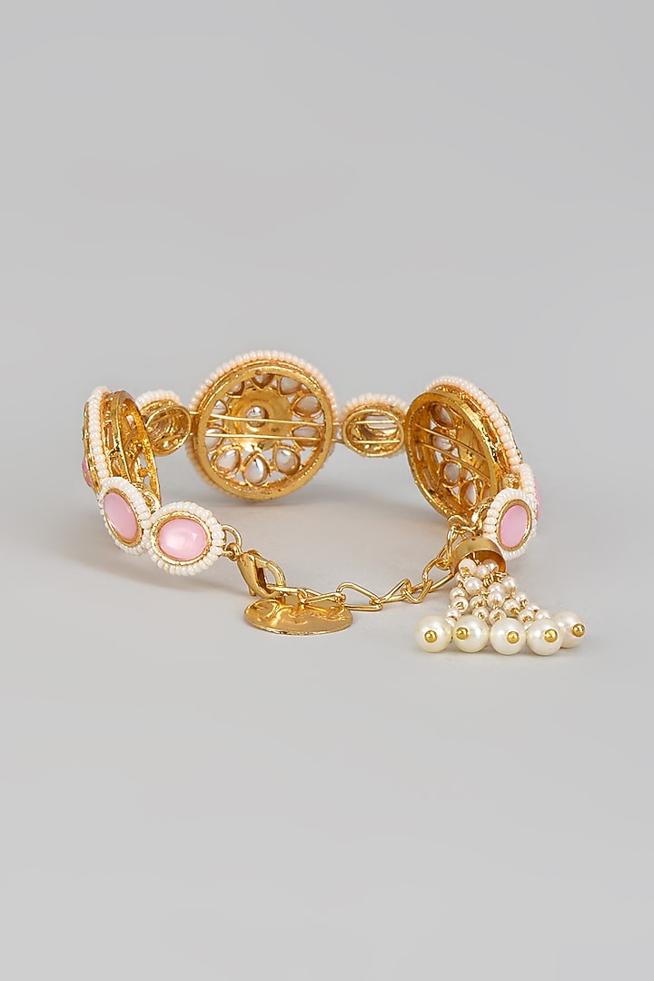 Gold Finish Pink Kundan Polki & Handprinted Meenakari Cuff by Nyela at Pernia's Pop Up Shop