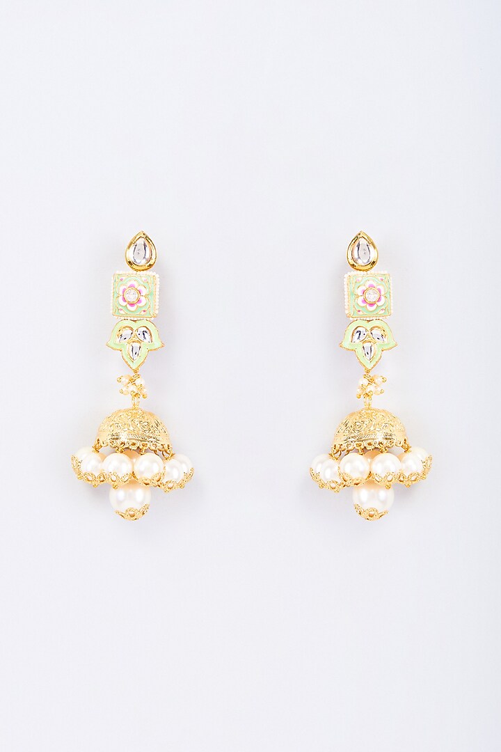 Gold Finish Kundan Polki Jhumka Earrings by Nyela at Pernia's Pop Up Shop