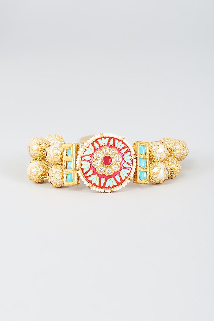 Gold Finish Coral & Turquoise Stone Cuff Bracelet by Nyela