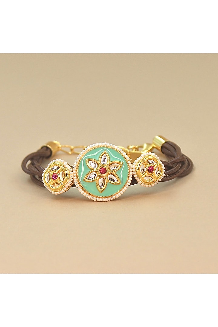 Gold Finish Kundan Polki Aqua Meenakari Openable Bracelet by Nyela at Pernia's Pop Up Shop