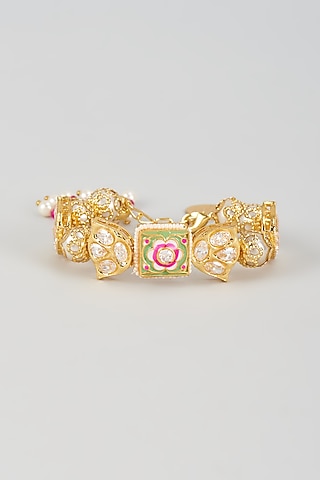 Gold Finish Kundan Polki & Pearl Meenakari Cuff by Nyela