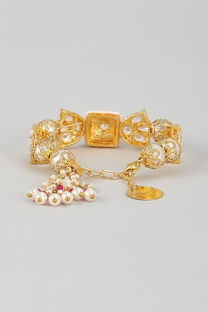 Gold Finish Kundan Polki & Pearl Meenakari Cuff by Nyela at Pernia's Pop Up Shop
