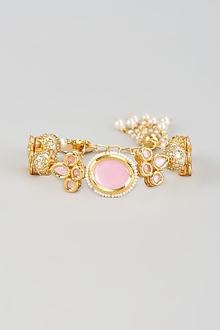 Gold Finish Kundan Polki & Pearl Meenakari Cuff by Nyela