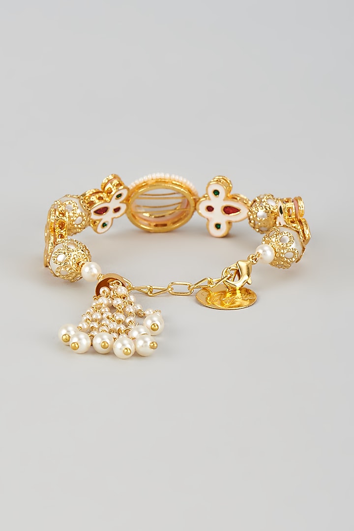 Gold Finish Kundan Polki & Pearl Meenakari Cuff by Nyela at Pernia's Pop Up Shop