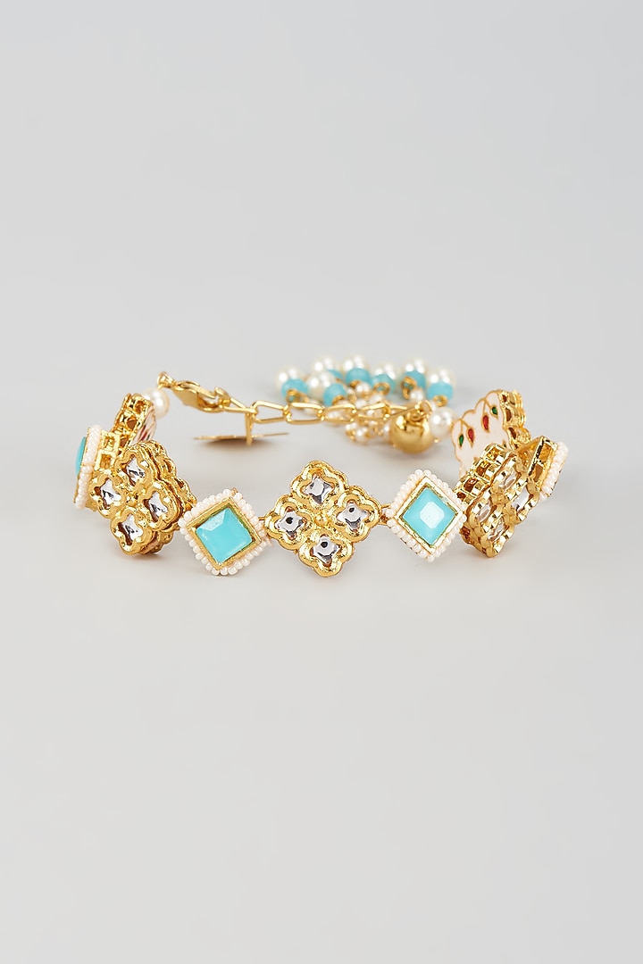 Gold Finish Kundan Polki & Blue Stone Cuff by Nyela at Pernia's Pop Up Shop