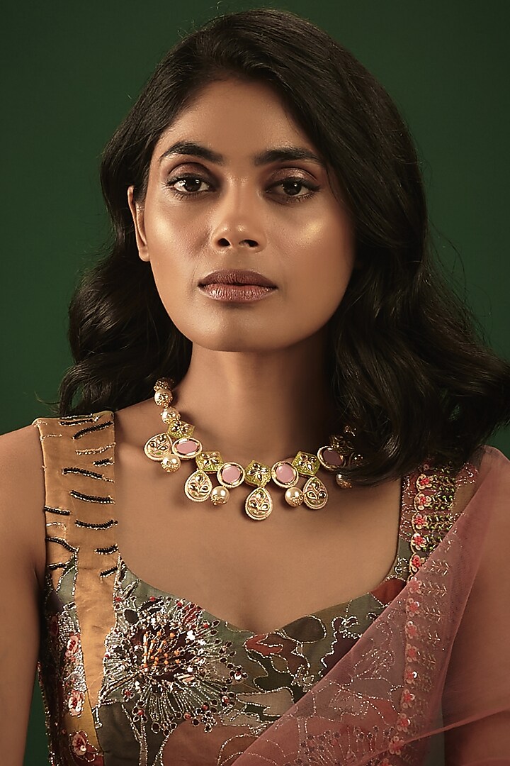 Gold Finish Kundan Polki & Pearl Meenakari Necklace by Nyela at Pernia's Pop Up Shop