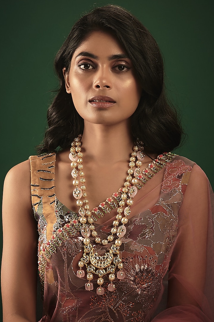 Gold Finish Kundan Polki & Pearl Meenakari Long Necklace by Nyela at Pernia's Pop Up Shop