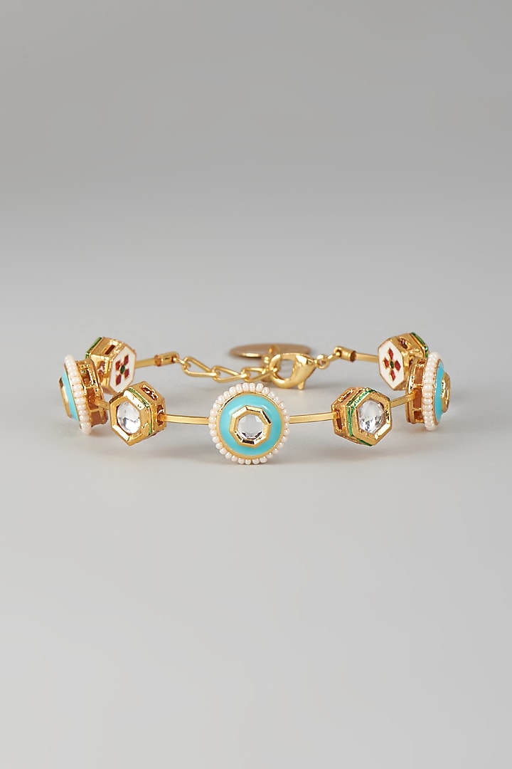 Gold Finish Kundan Polki & Turquoise Stone Meenakari Bangle by Nyela at Pernia's Pop Up Shop