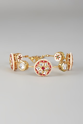 Gold Finish Kundan Polki & Red Stone Meenakari Bangle by Nyela