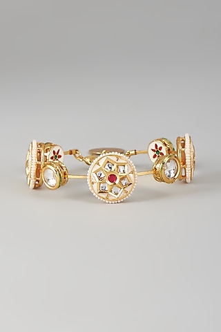 Gold Finish Kundan Polki & White Stone Meenakari Bangle by Nyela