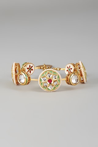 Gold Finish Kundan Polki & Light Green Stone Meenakari Bangle by Nyela