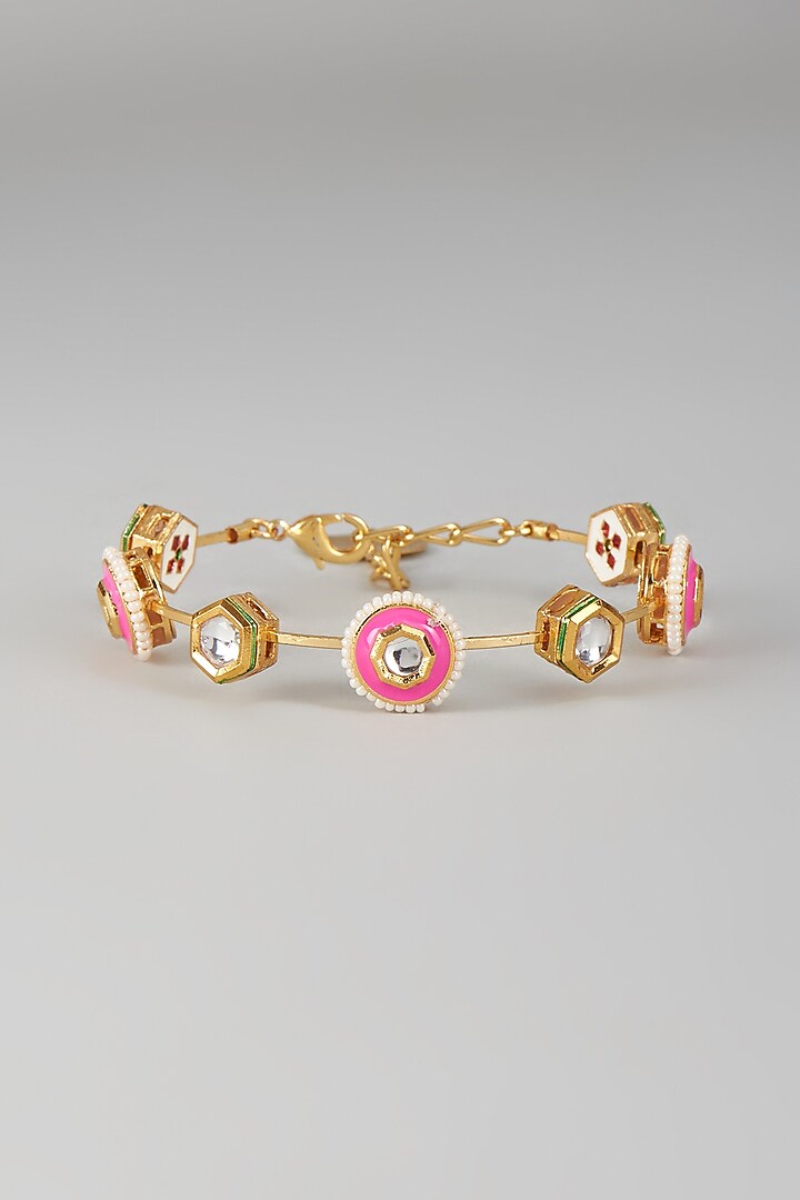 Gold Finish Kundan Polki & Pink Stone Meenakari Bangle by Nyela at Pernia's Pop Up Shop