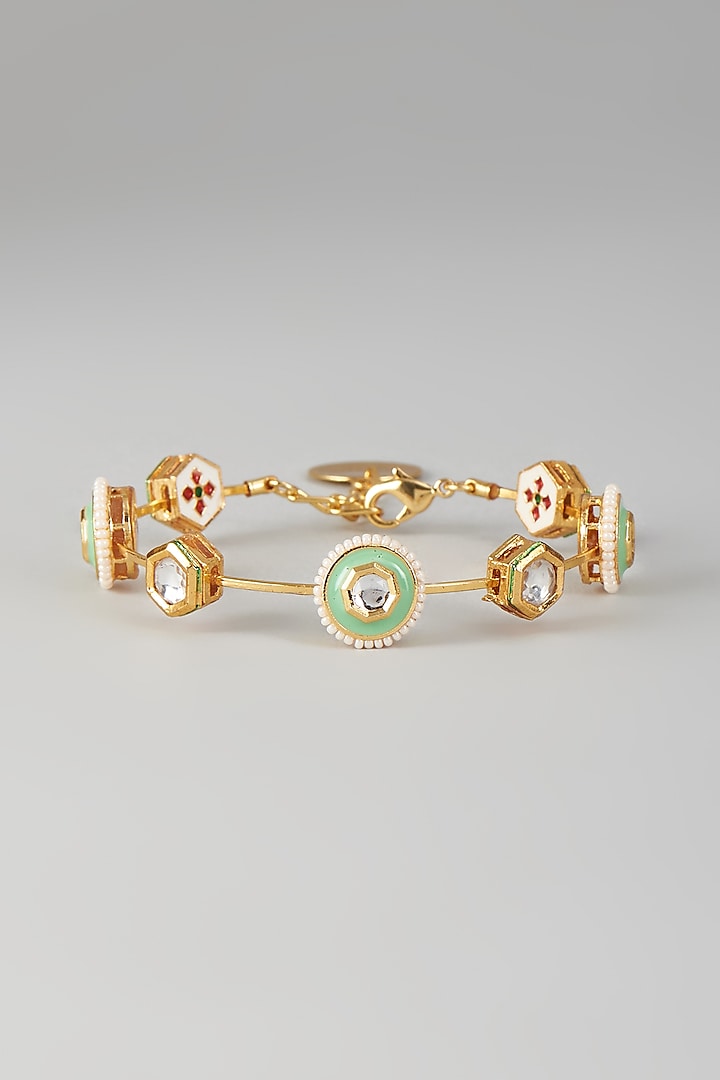 Gold Finish Kundan Polki & Light Green Stone Meenakari Bangle by Nyela at Pernia's Pop Up Shop