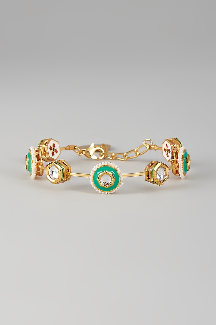 Gold Finish Kundan Polki & Teal Stone Meenakari Bangle by Nyela at Pernia's Pop Up Shop