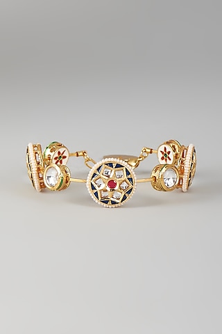 Gold Finish Kundan Polki & Navy Blue Stone Meenakari Bangle by Nyela