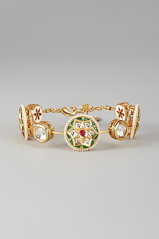 Gold Finish Kundan Polki & Dark Green Stone Meenakari Bangle by Nyela