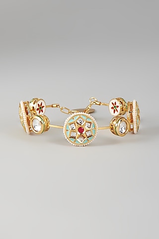 Gold Finish Kundan Polki & Aqua Stone Meenakari Bangle by Nyela