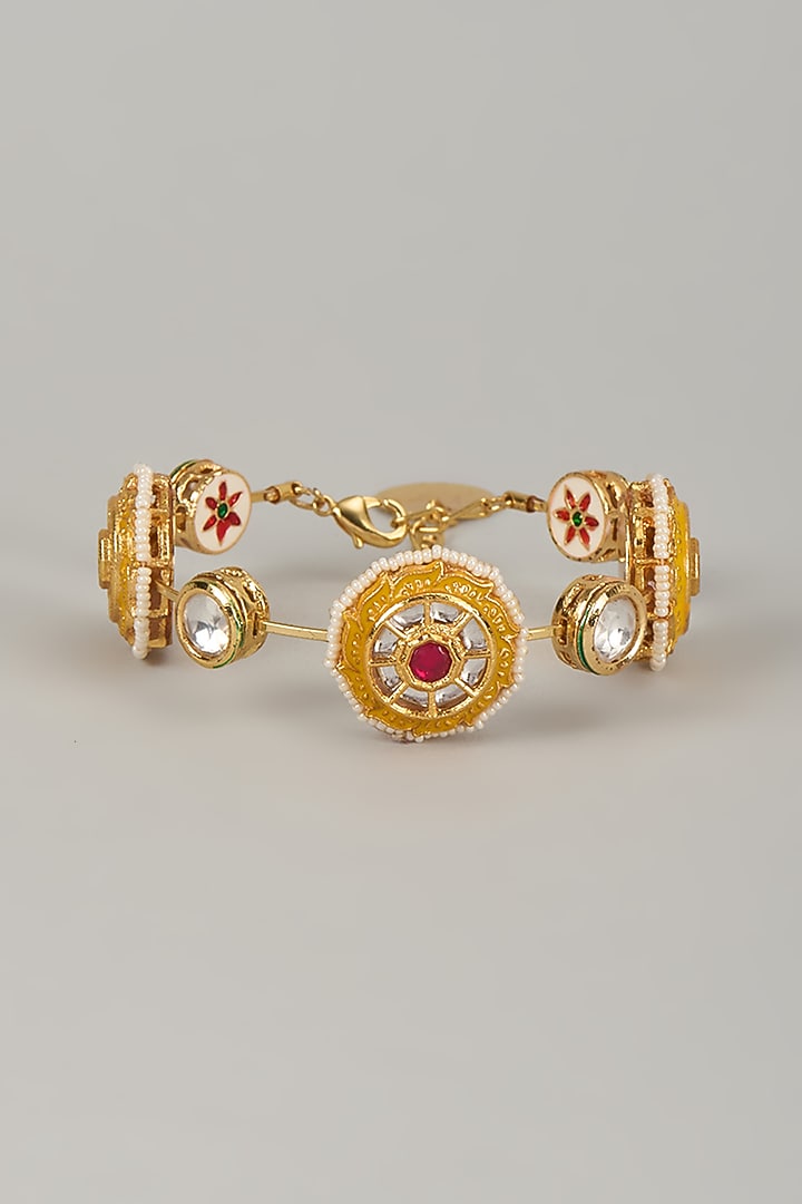 Gold Finish Kundan Polki Meenakari Hand Painted Bangle by Nyela at Pernia's Pop Up Shop