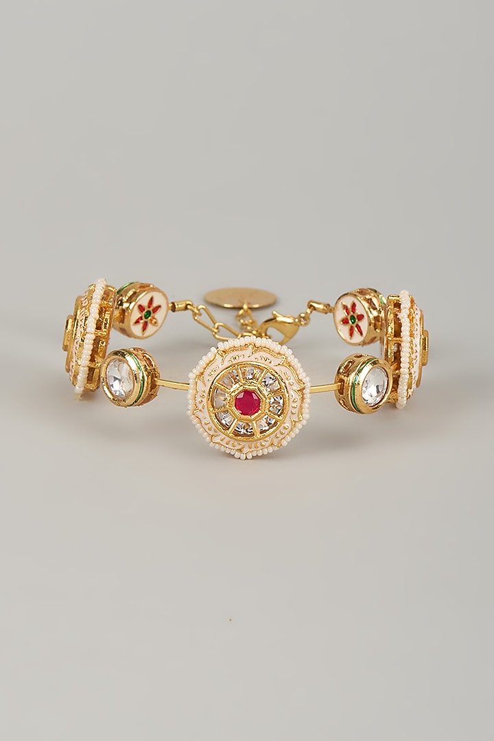 Gold Finish Kundan Polki Meenakari Hand Painted Bangle by Nyela at Pernia's Pop Up Shop