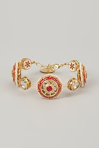 Gold Finish Kundan Polki Meenakari Hand Painted Bangle by Nyela