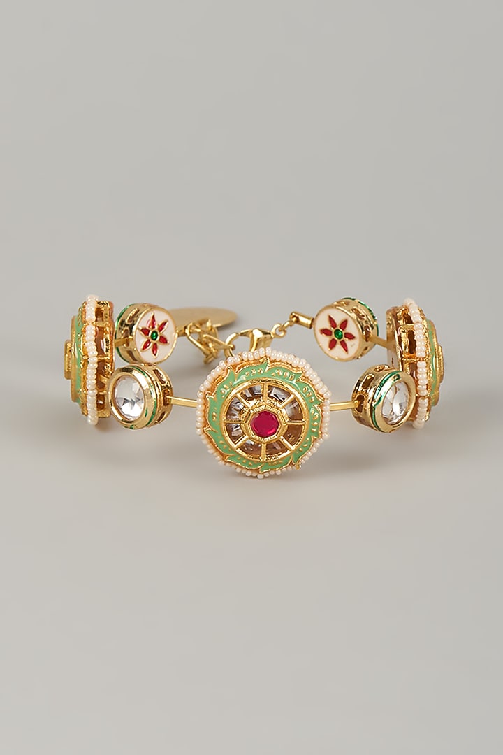Gold Finish Kundan Polki Meenakari Hand Painted Bangle by Nyela at Pernia's Pop Up Shop