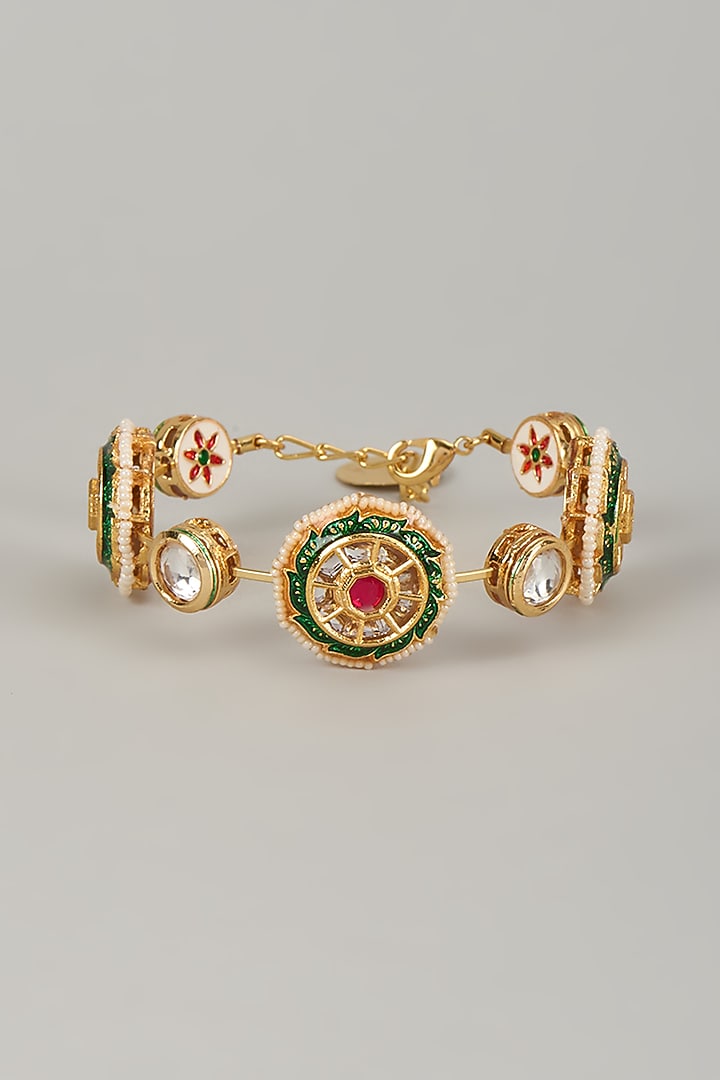 Gold Finish Kundan Polki Meenakari Hand Painted Bangle by Nyela at Pernia's Pop Up Shop